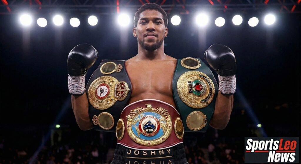 Anthony Joshua proudly holding his heavyweight championship belts, symbolizing his reign as a two-time unified world champion and Olympic gold medalist.(https://sportsleo.news)