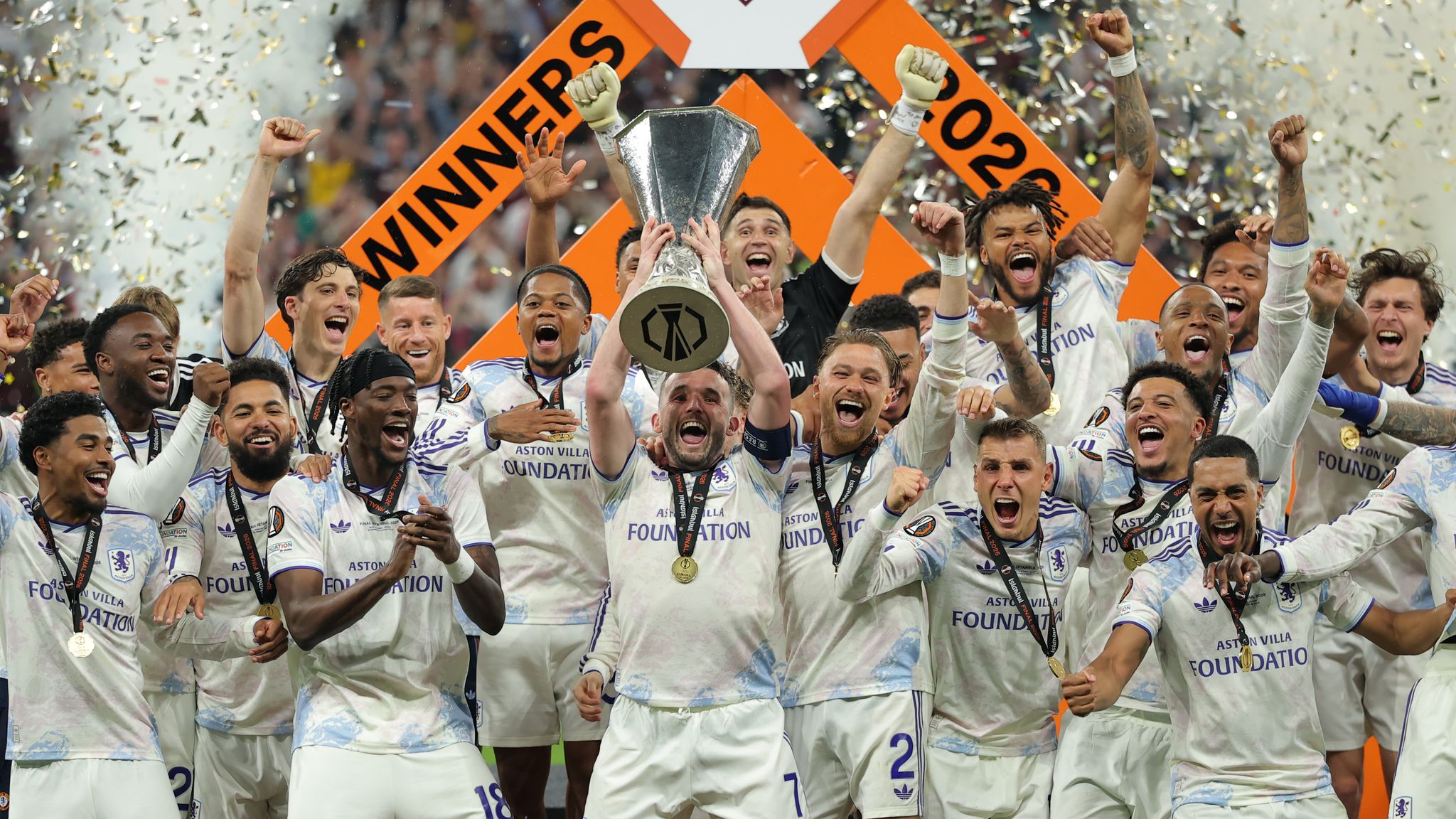 Aston Villa Europa League Winners: Emery’s Side Defeat Freiburg in Final 2 Aston Villa players celebrating Europa League triumph