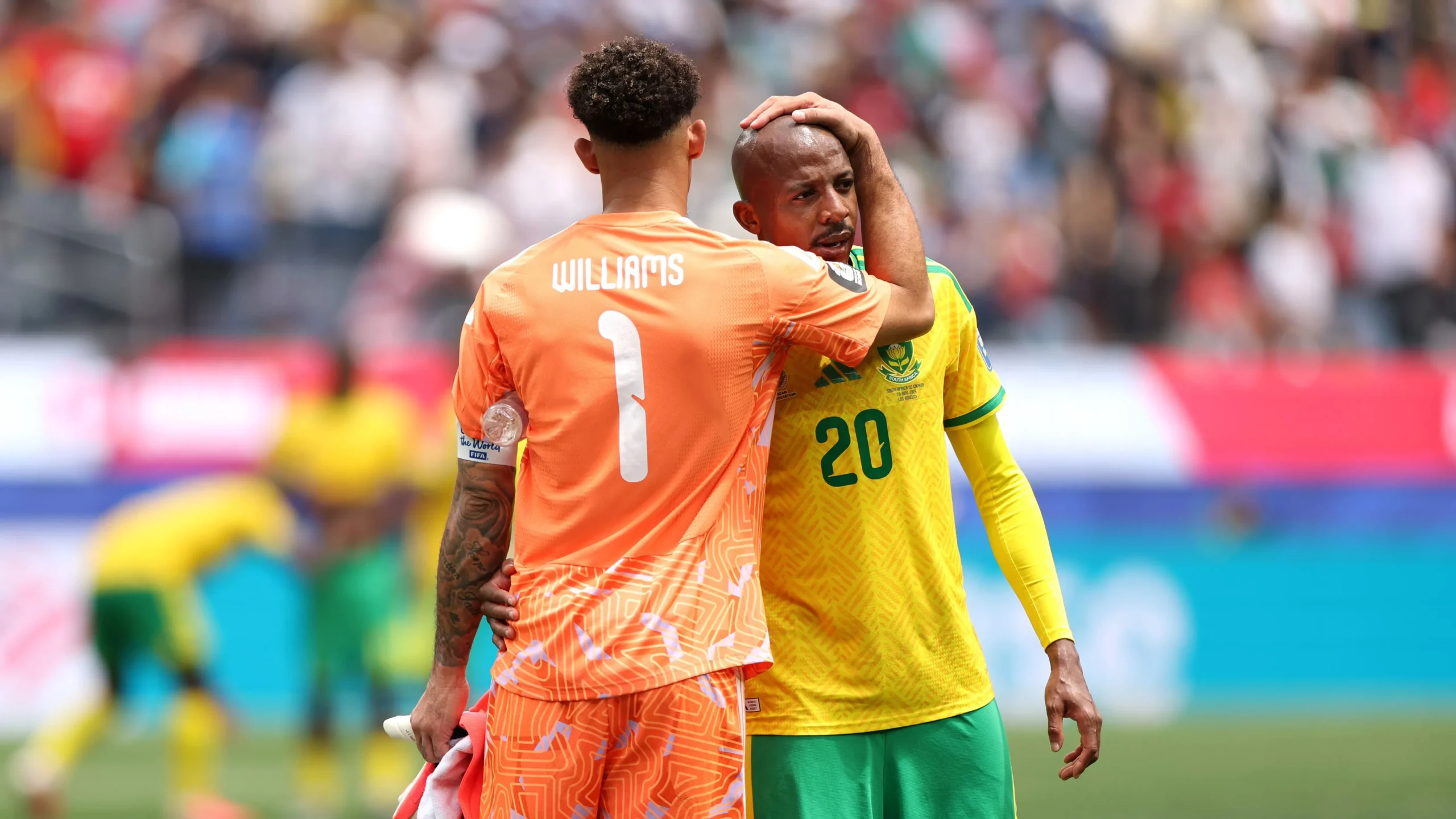 South Africa players react after being knocked out of the World Cup