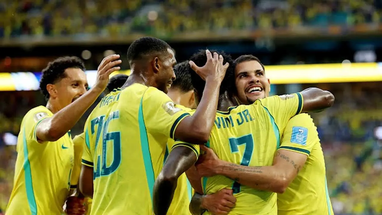 Brazil players celebrating a goal in the World Cup