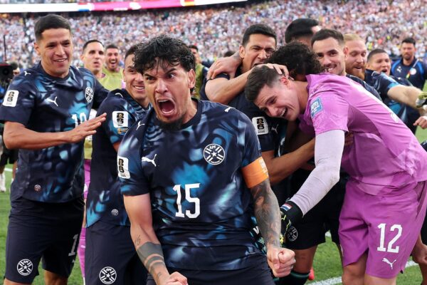 Paraguay players celebrating at the World Cup