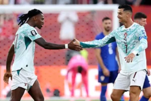 Portugal players Rafael Leao and Cristiano Ronaldo