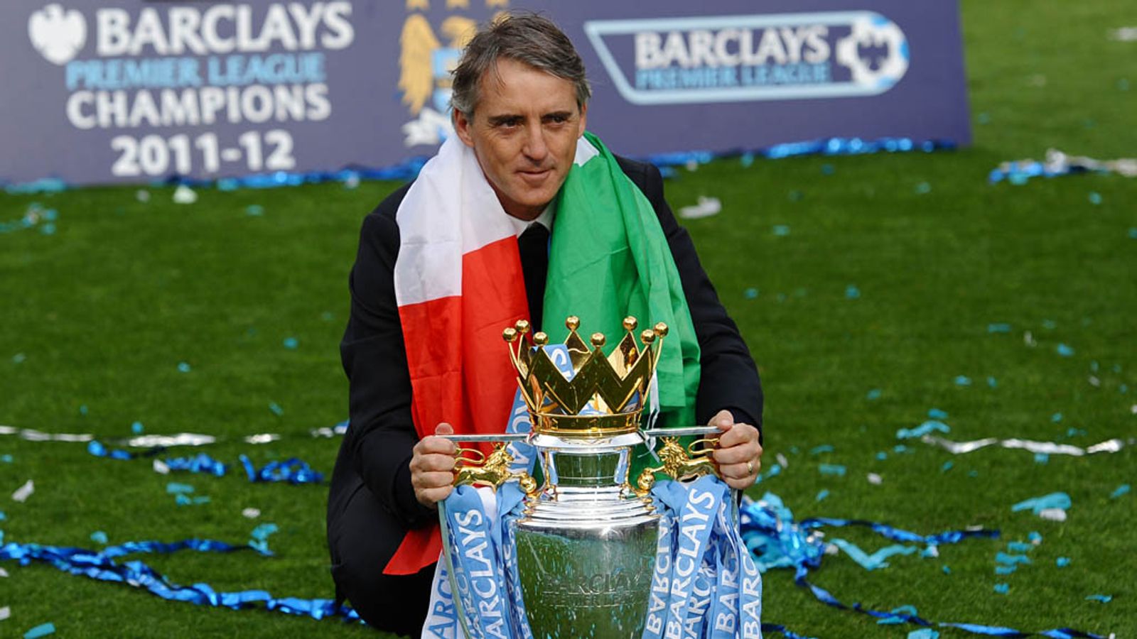 Roberto Mancini with the Premier League trophy