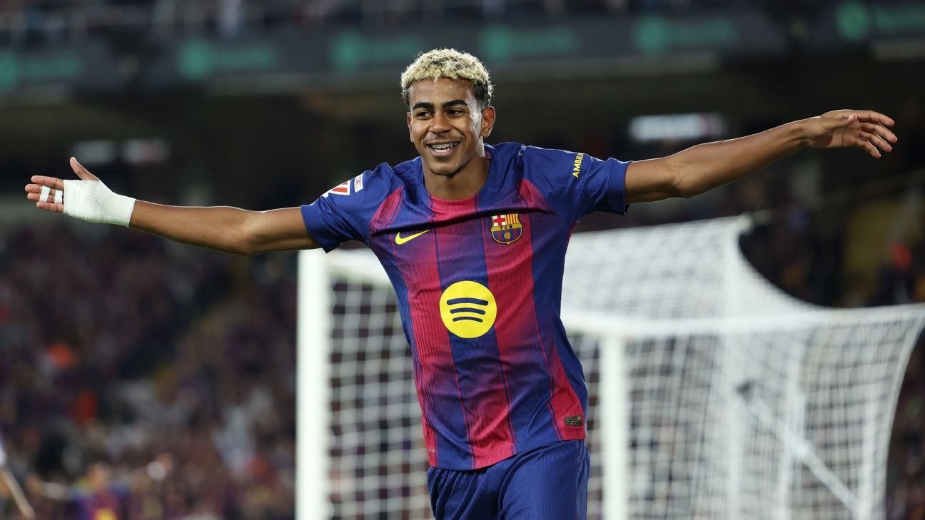 Lamine Yamal celebrating after scoring for Barcelona
