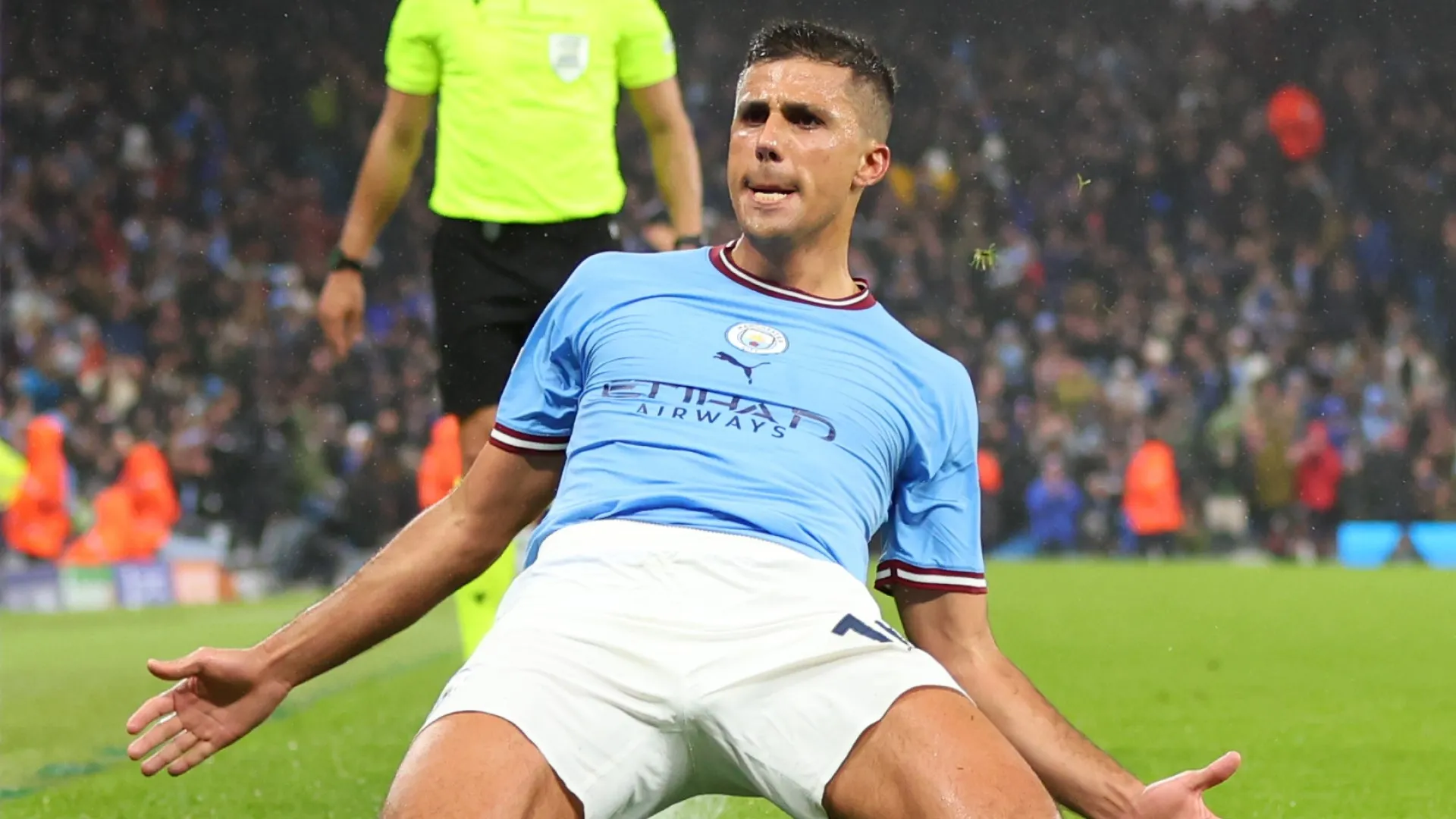 Rodri celebrating after scoring for Manchester City