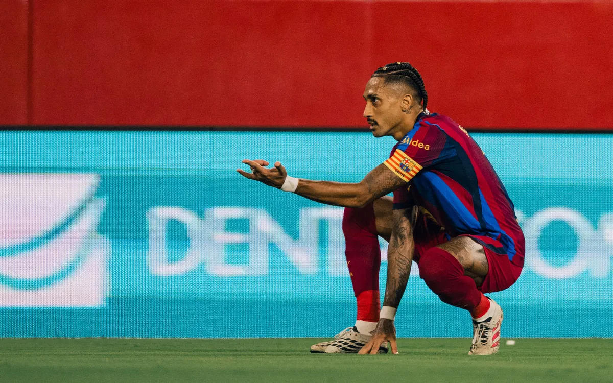Sevilla vs Barcelona: Raphinha Hits Back-to-Back Hat-Tricks in 3-1 Win 2 Raphinha goal celebration Sevilla vs Barcelona