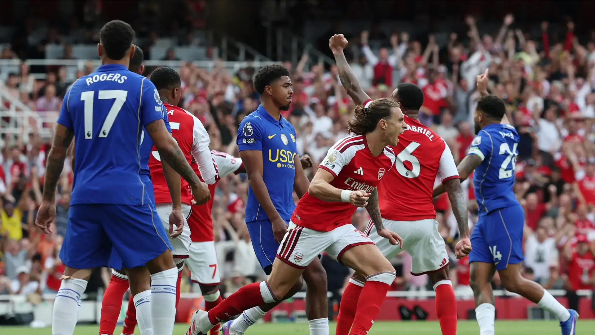 Calafiori celebrating after scoring