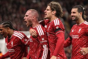 Liverpool players celebrating a goal